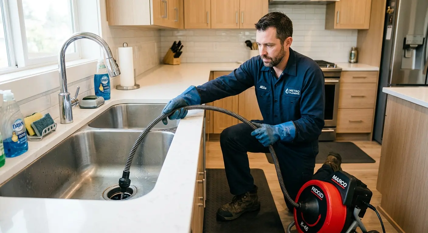 Drain cleaning technician using a motorized snake on a kitchen sink in Eastman