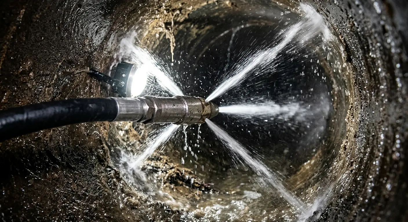 High-pressure hydro jetting nozzle cleaning sewer pipe for Sewer Cleanout in Eastman