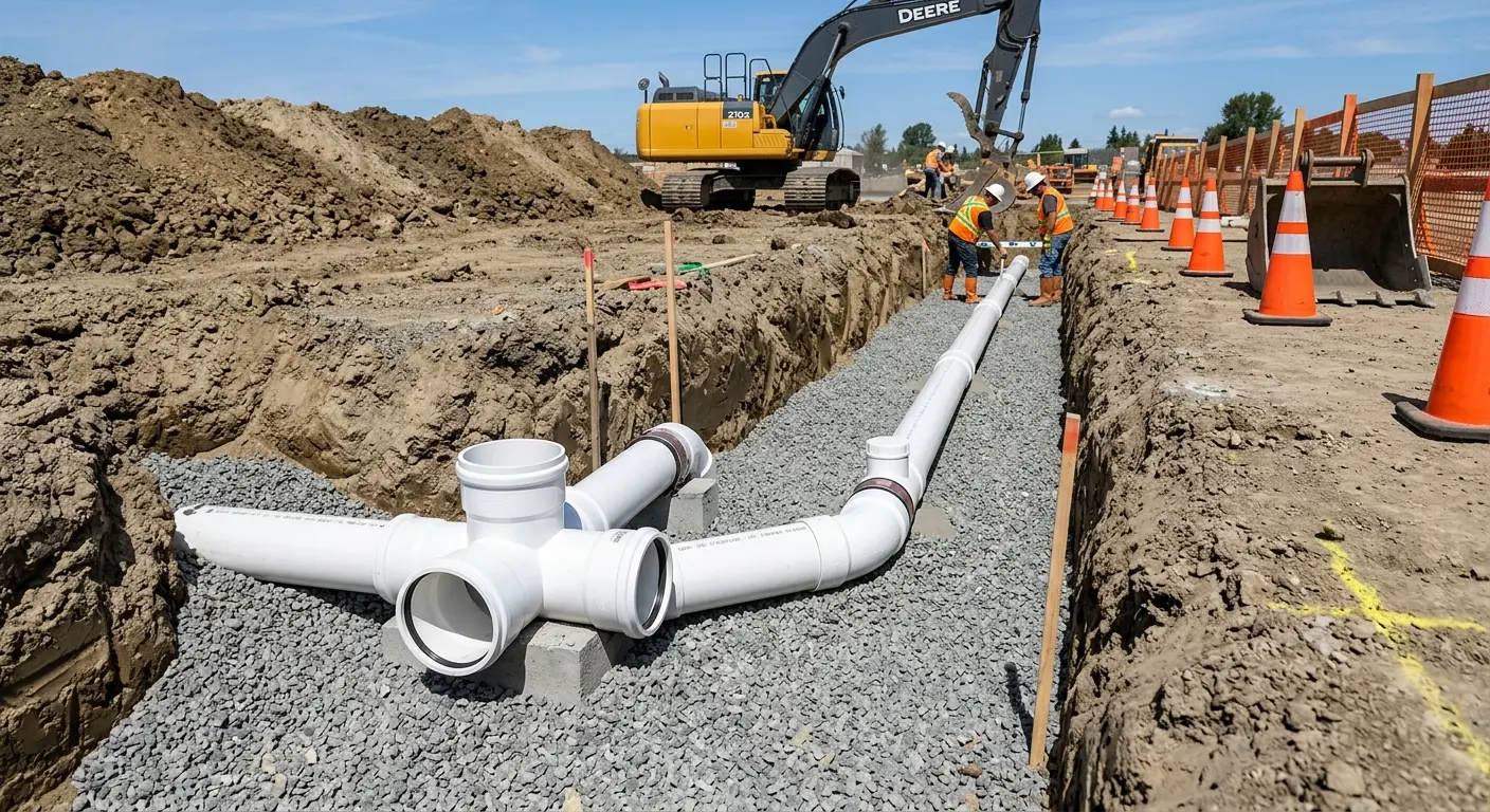 New PVC sewer pipe installation in open trench for Commercial Drain Cleaning in Eastman