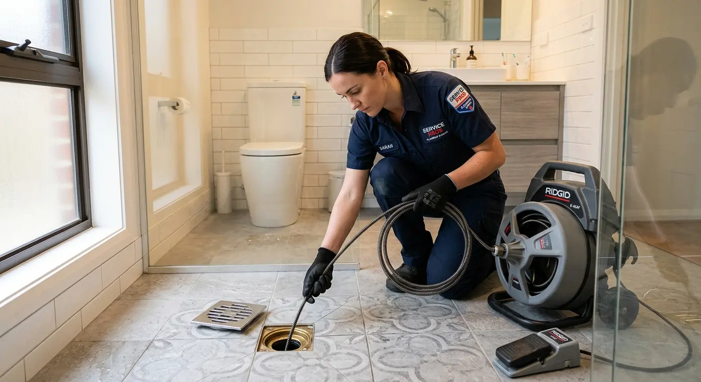 Technician clearing a bathroom floor drain for Drain Cleaning in Eastman